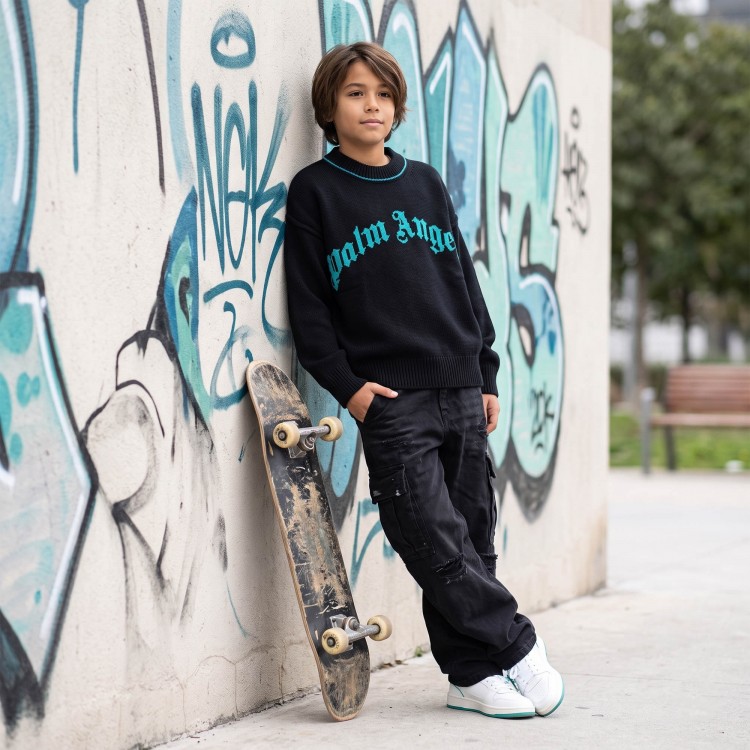 PALM ANGELS Maglione nero con logo intarsiato bambini