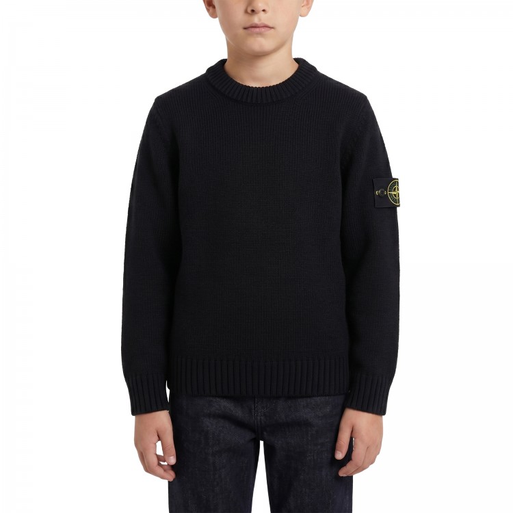 STONE ISLAND Maglia nera girocollo in cotone bambini