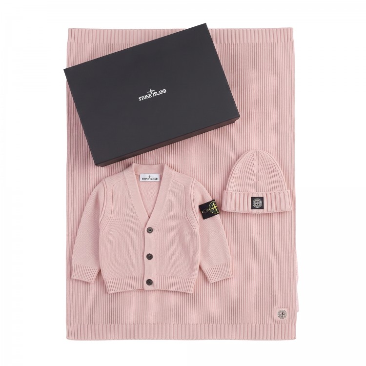 STONE ISLAND Set rosa berretto, cardigan e coperta neonati