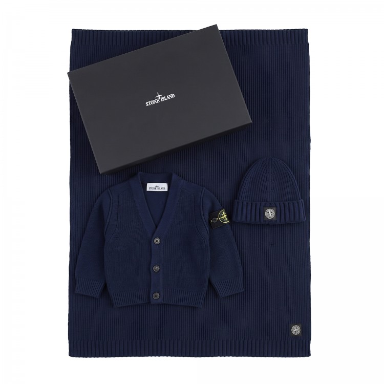 STONE ISLAND Set blu navy berretto, cardigan e coperta neonati