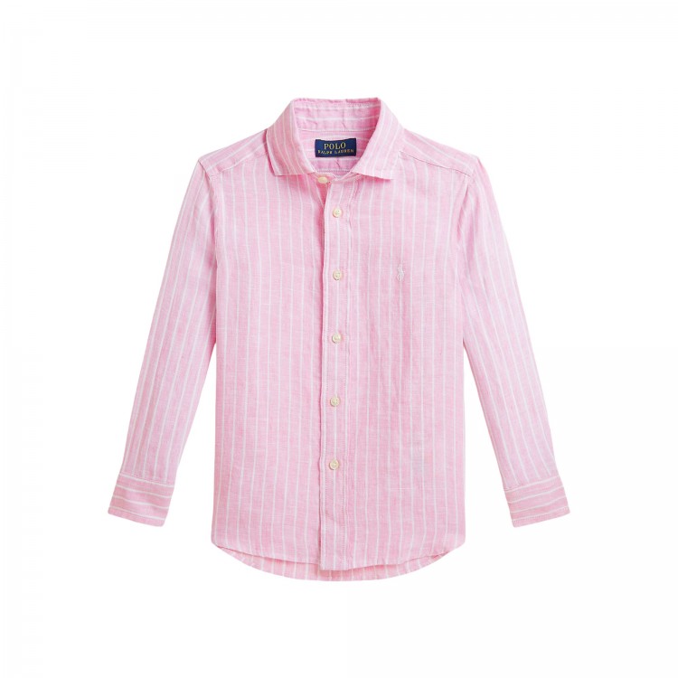 RALPH LAUREN Camicia rosa a righe in lino bambino