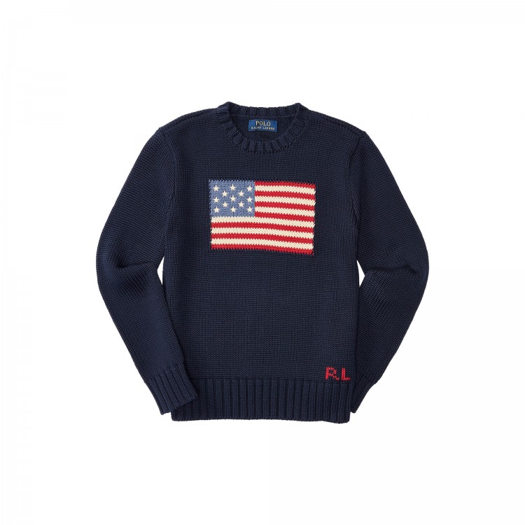 RALPH LAUREN Maglia blu navy in cotone con bandiera bambini