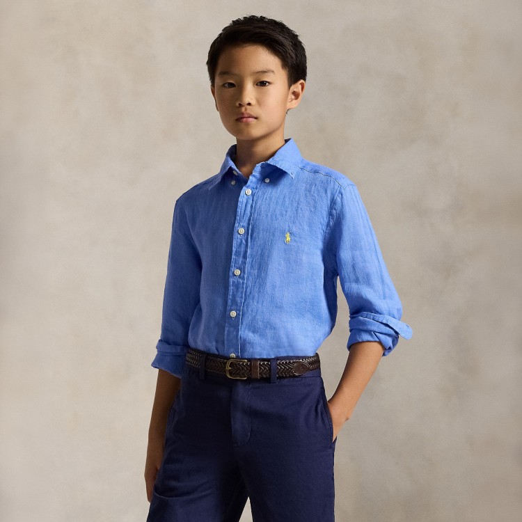 RALPH LAUREN Camicia azzurra in lino bambini