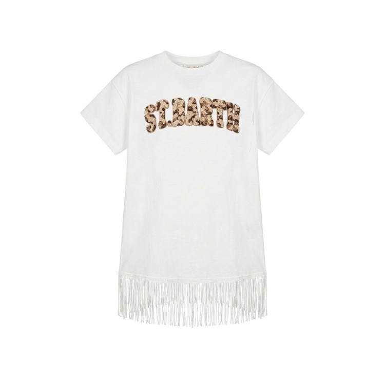 SAINT BARTH Abito bianco con frange e logo bambina