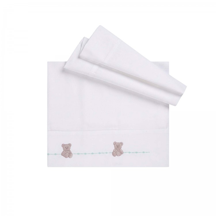 MARLU' Set lenzuolino bianco con ricami verde acqua neonato