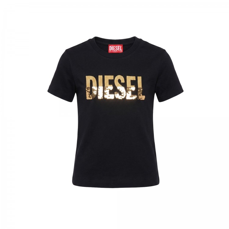 DIESEL T-shirt nera logo paillettes bambina