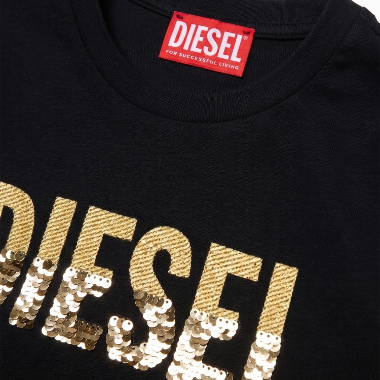 DIESEL T-shirt nera logo paillettes bambina