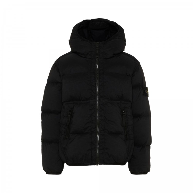 STONE ISLAND Giubbotto nero in vera piuma con cappuccio bambini