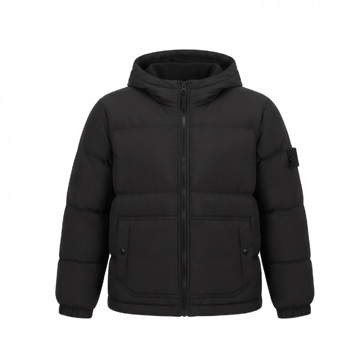 STONE ISLAND Giubbotto nero in vera piuma con cappuccio bambini