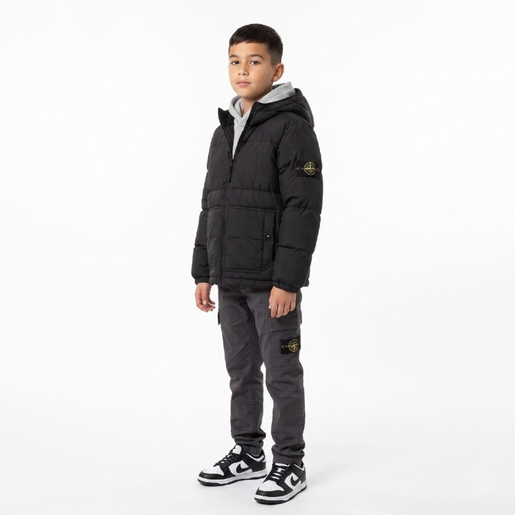 STONE ISLAND Giubbotto nero in vera piuma con cappuccio bambini