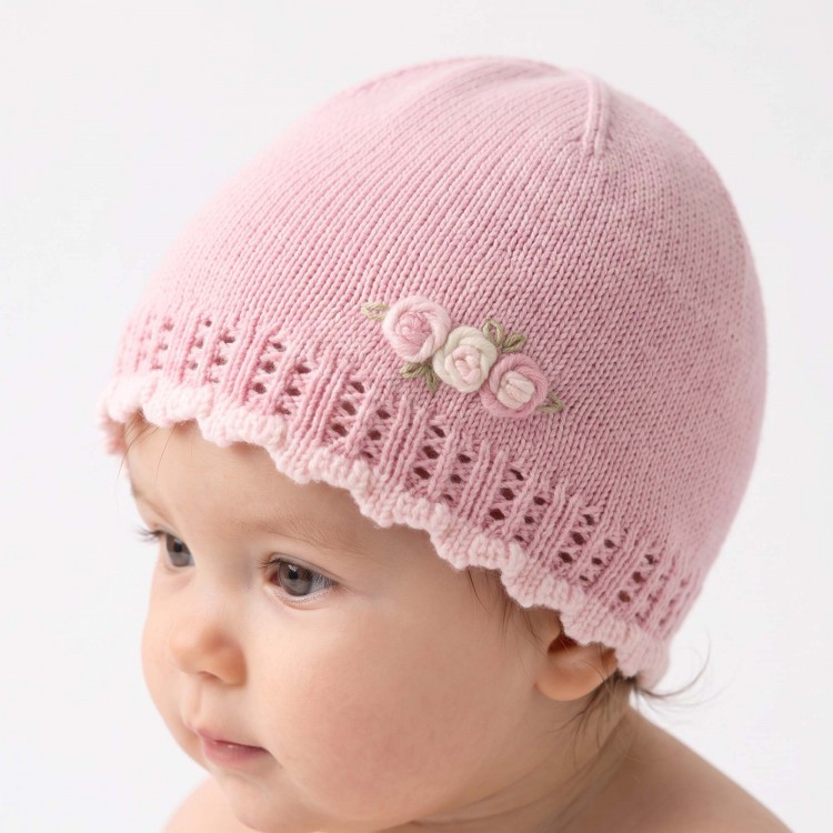 MARLU' Cappellino rosa con roselline neonata