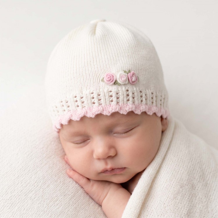 MARLU' Cappellino bianco con roselline neonata