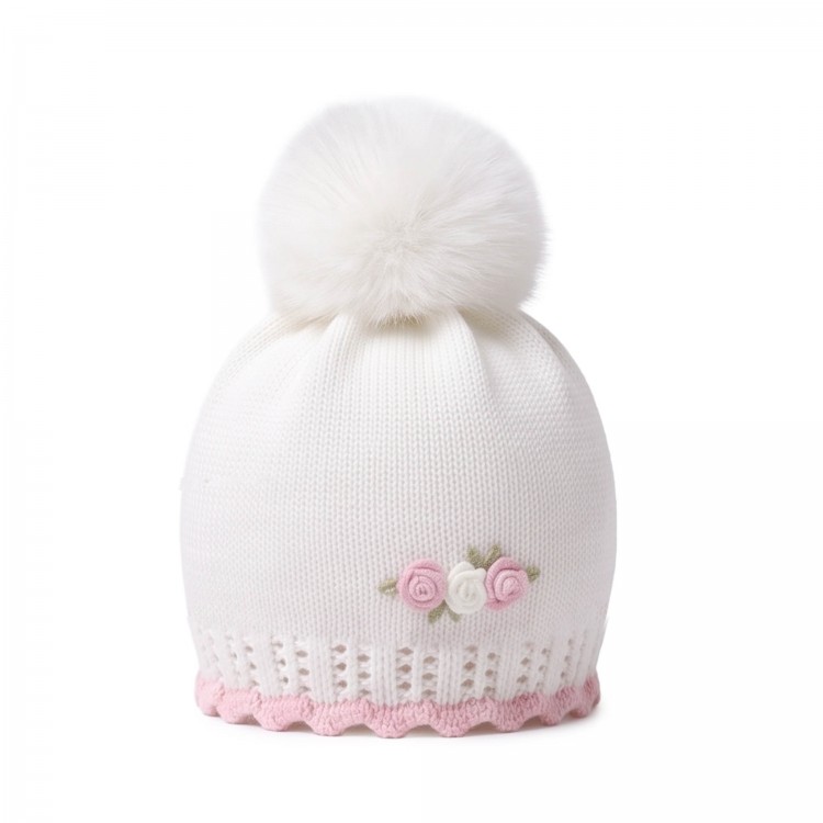 MARLU' Cappellino bianco con pompon neonata