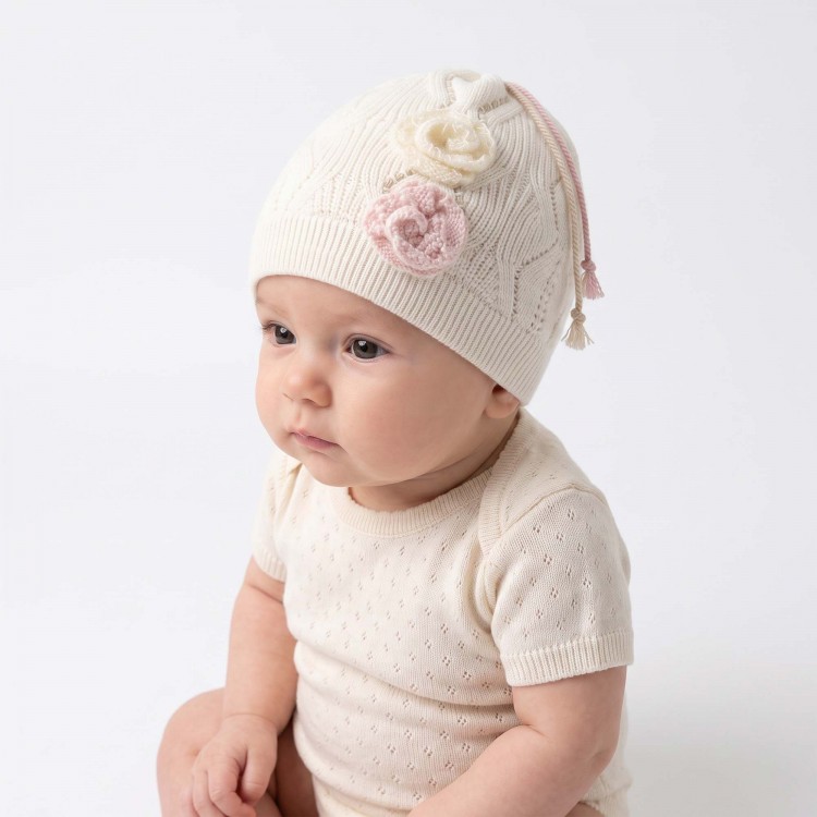 MARLU' Cappellino bianco con fiori neonata