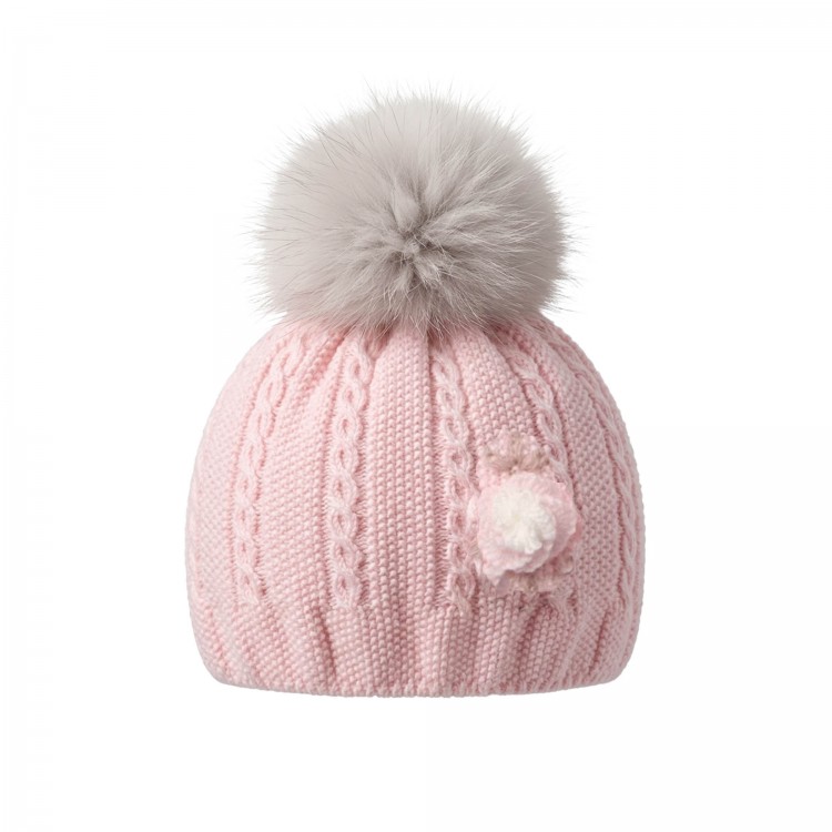 MARLU' Cappellino rosa in filato con pompon neonata