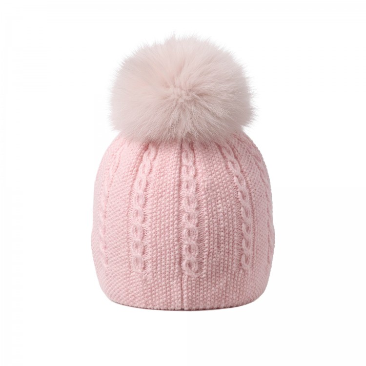 MARLU' Cappellino rosa in filato con pompon neonata